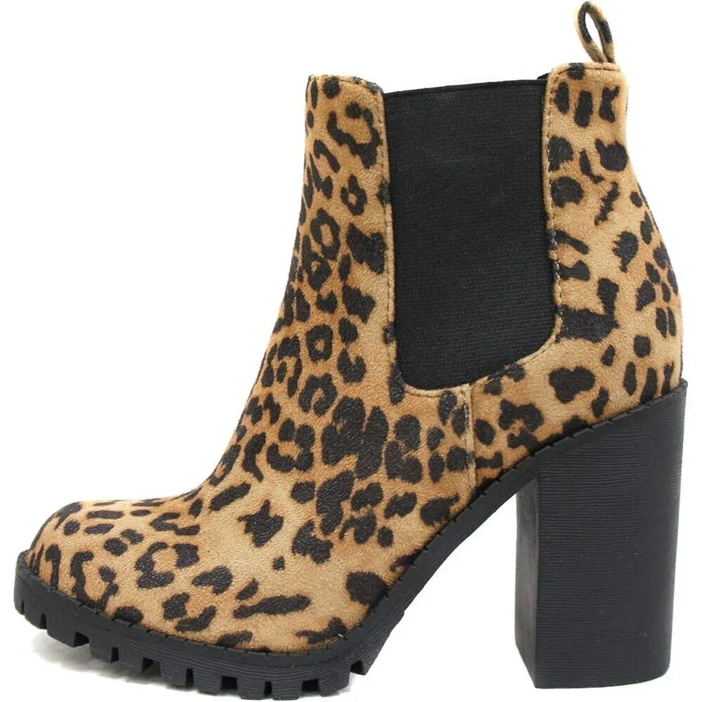 Women's Camel Leopard Lug Sole Ankle Boot Elastic Gore Chunky Heel Bootie